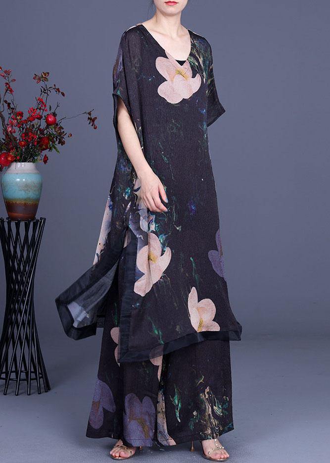 Diy Black Print Silk Side Open Wide Leg Two Pieces Set