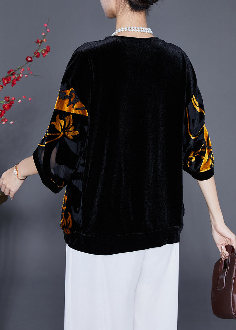 Black Hollow Out Zircon Silk Velour Shirt Top Half Sleeve