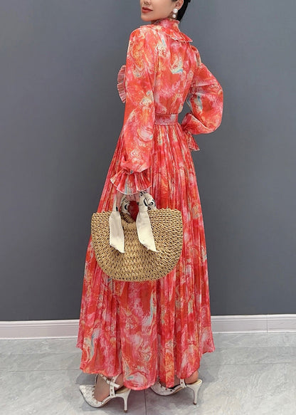 Red Stand Collar Print Sashes Chiffon Long Dress Long Sleeve Fall