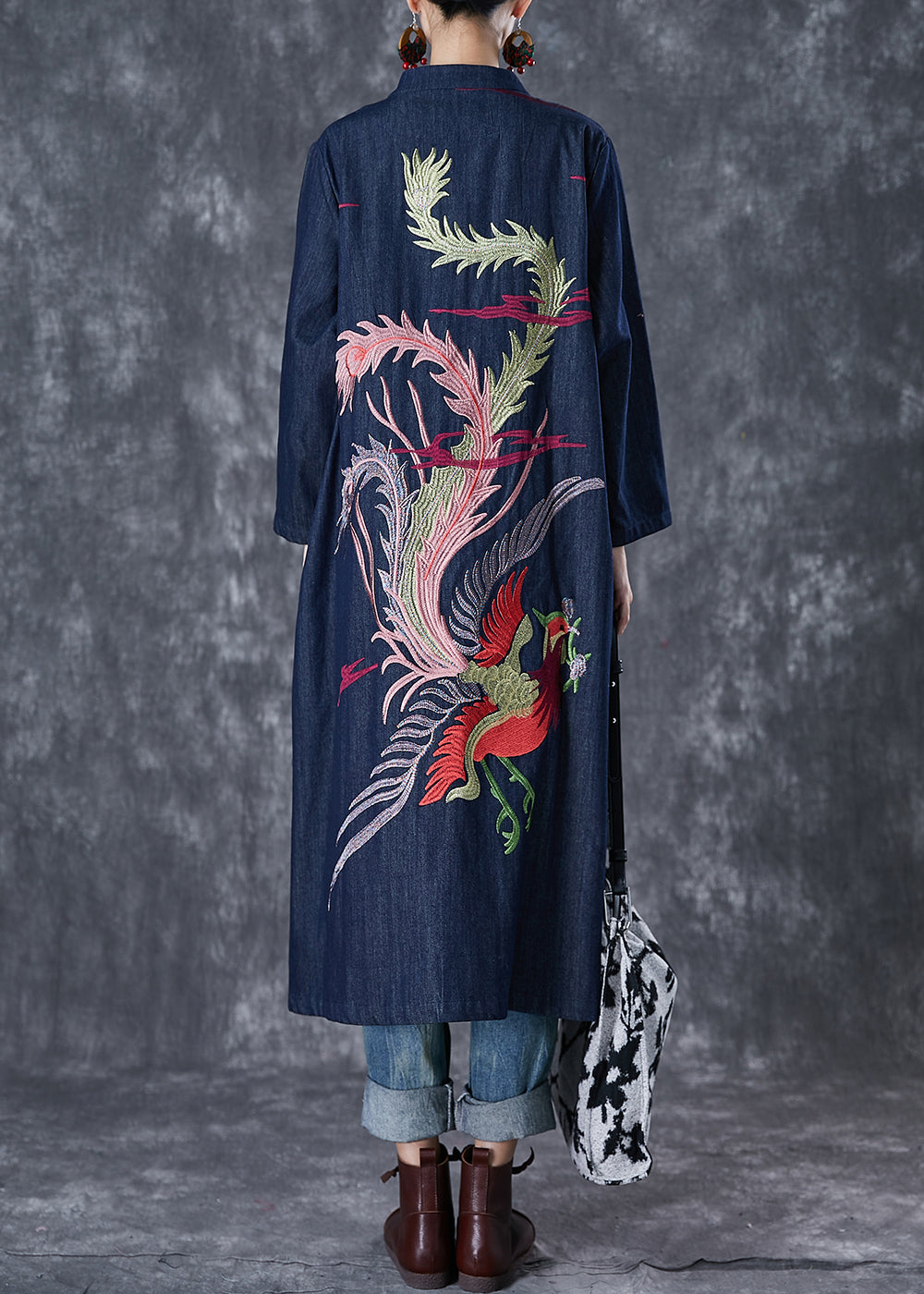 Navy Phoenix Embroideried Chinese Button Denim Trench Fall