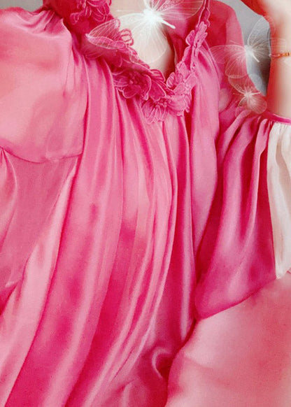 Pink O-neck Gradient Color Embroideried Hoold Silk Maxi Dresses Long Sleeve