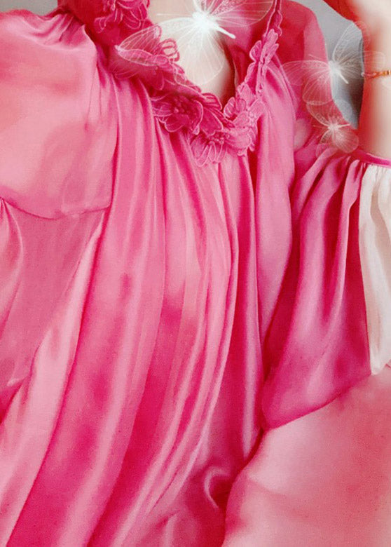 Pink O-neck Gradient Color Embroideried Hoold Silk Maxi Dresses Long Sleeve