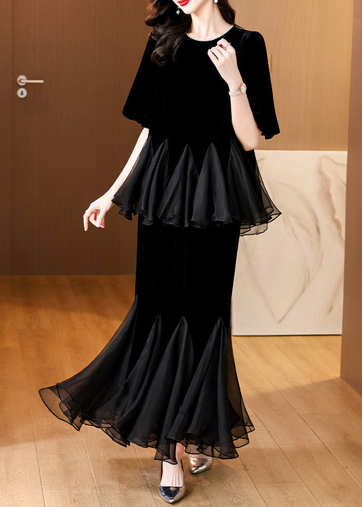 Black Pearl Tulle Patchwork Silk Velvet Two Pieces Set Summer