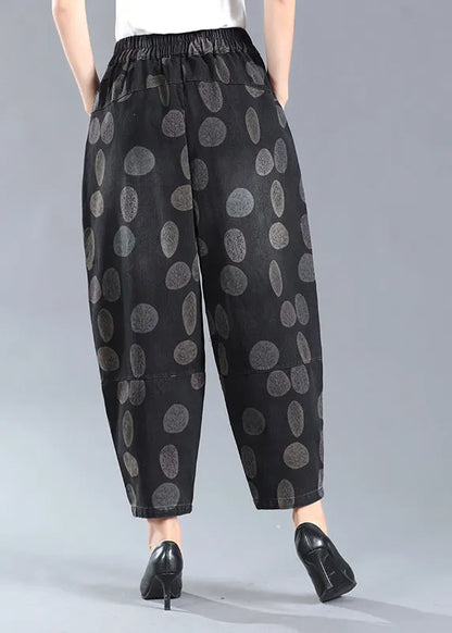 Black Print Pockets Elastic Waist Lantern Denim Pants Fall