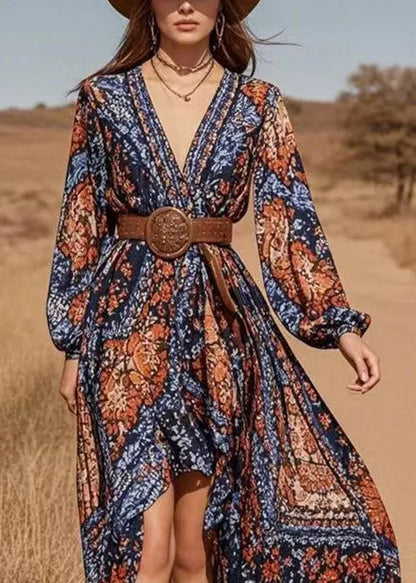 Blue V Neck Asymmetrical Design Chiffon Long Dresses Lantern Sleeve