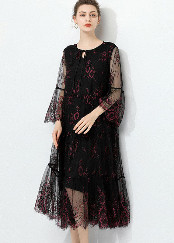 Black O Neck Hollow Out Lace Patchwork Tulle Dress Summer