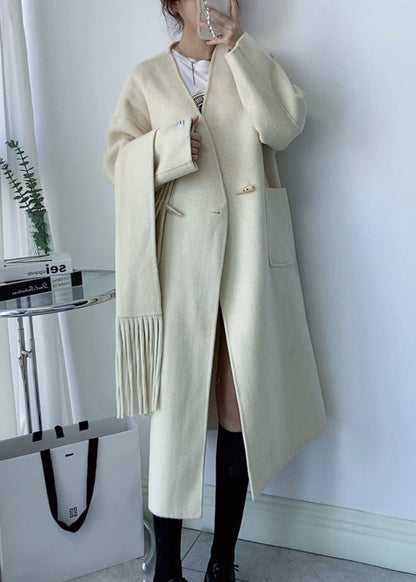 White V Neck Pockets Scarf Woolen Coat Winter