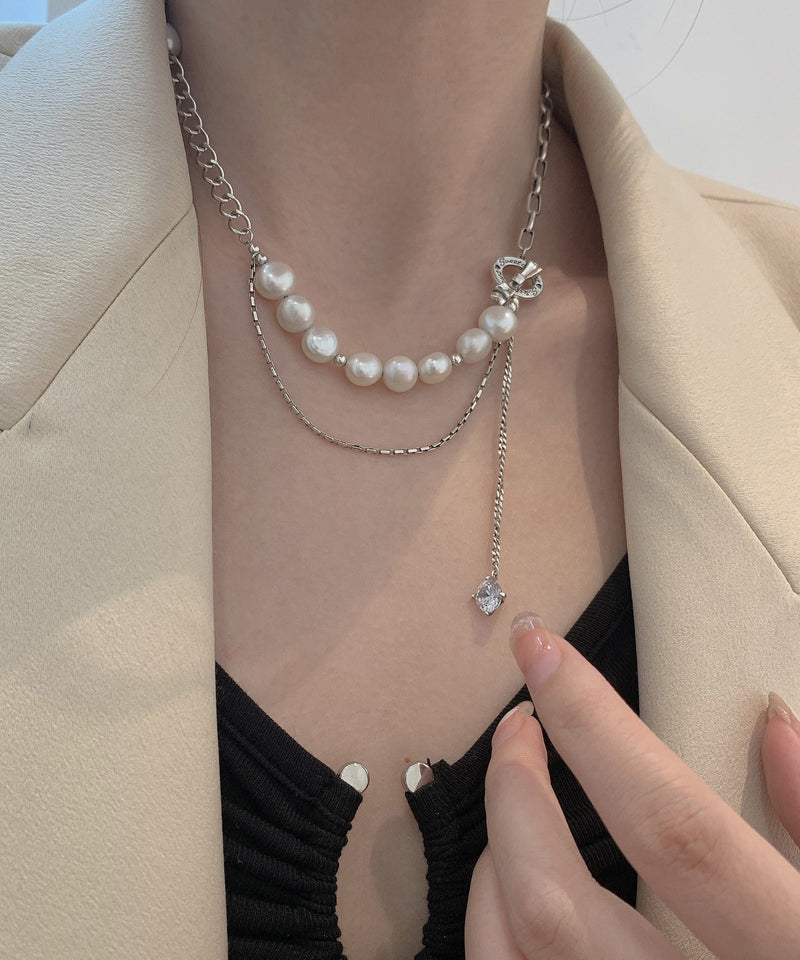 White Stainless Steel Pearl Bow Tassel Sweater Lariat Necklace