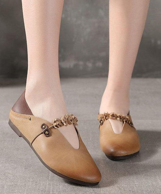 Khaki Flat Feet Shoes Cowhide Leather Splicing Flat Shoes for