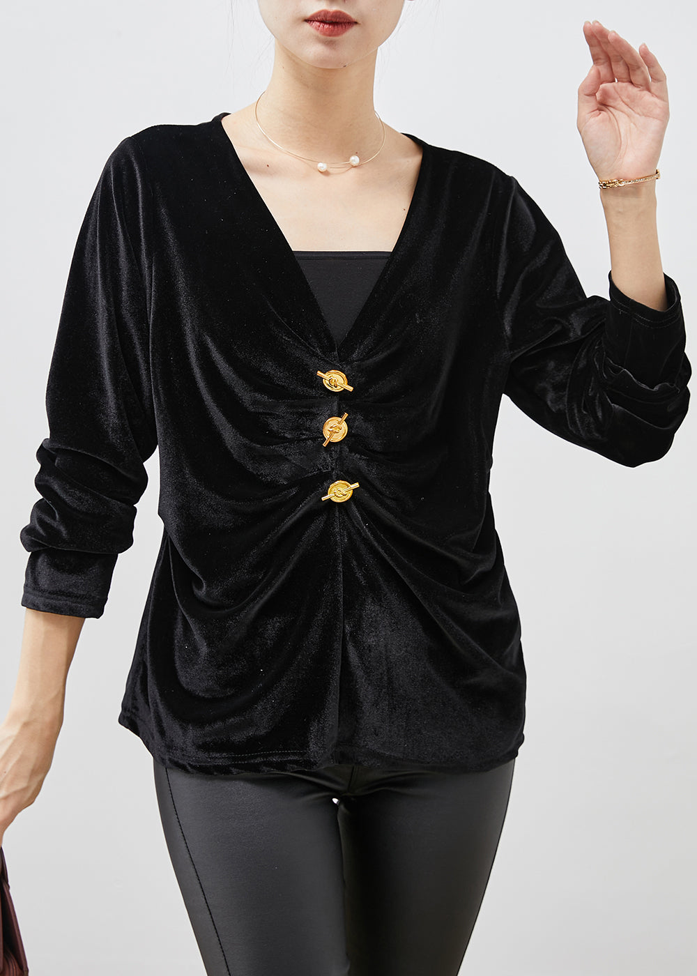 Black V Neck Wrinkled Silk Velour Blouse Tops Spring