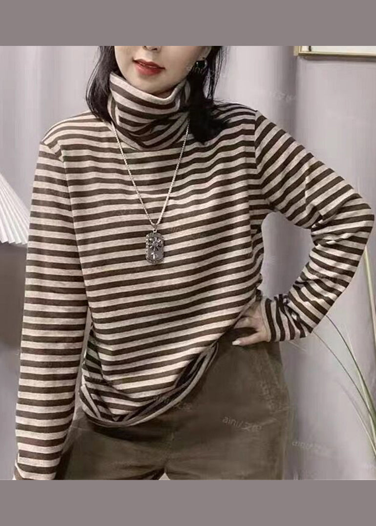 Black Hign Neck Striped Cotton Blouse Top Fall