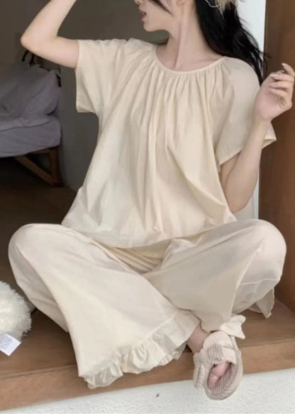 Apricot O Neck Cotton Two Pieces Set Pajamas Summer