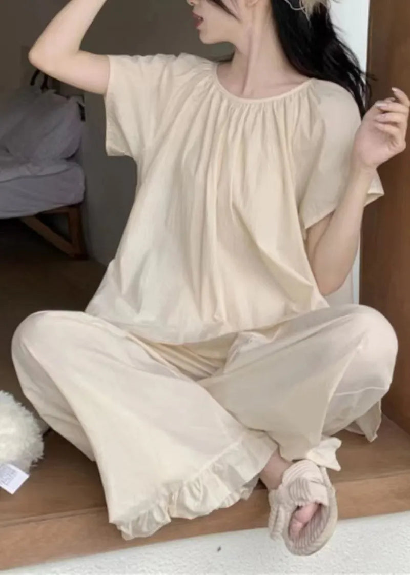Apricot O Neck Cotton Two Pieces Set Pajamas Summer