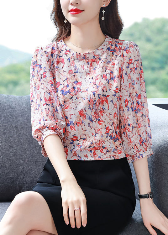 Classy Red O-neck Print Chiffon Shirt Tops Half Sleeve