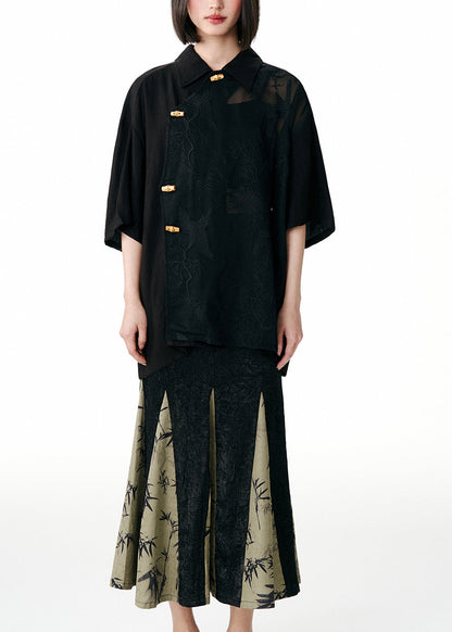 Black Peter Pan Collar Embroideried Patchwork Tulle Blouses Fall