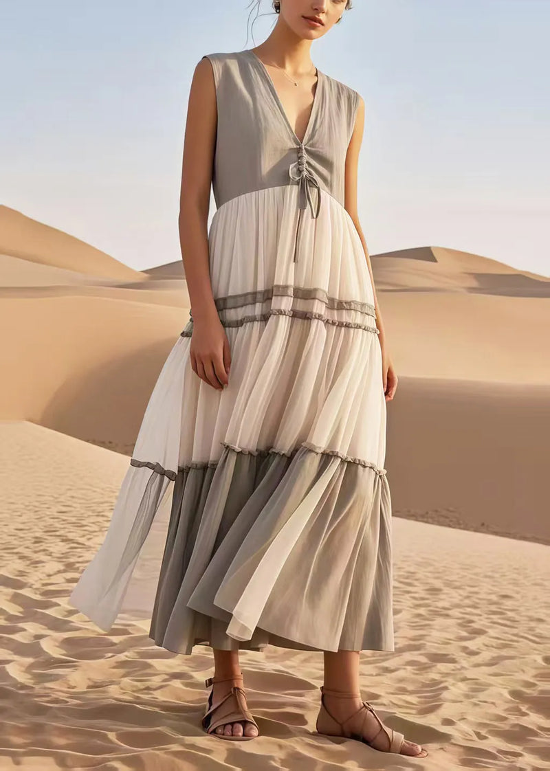 Italian Grey Cinched Patchwork Tulle Long Dress Sleeveless