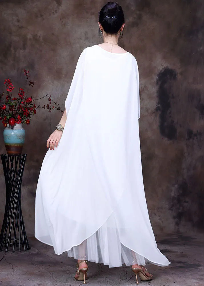White O-neck Asymmetrical Design Chiffon Cloak Dress Batwing Sleeve