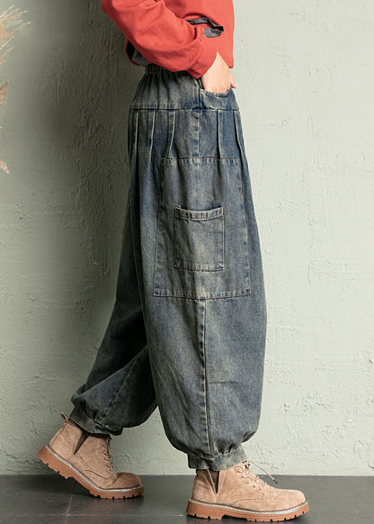 Blue Pockets Elastic Waist Denim Crop Pants Spring