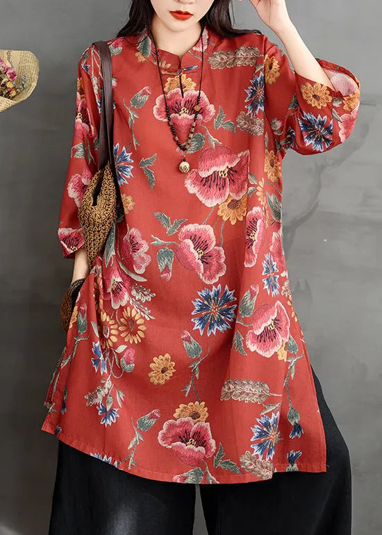 Red Button Print Linen Shirt Dresses Stand Collar Bracelet Sleeve