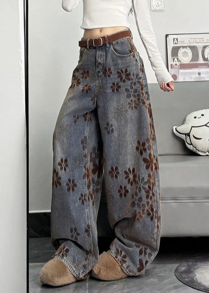 Navy Oversized Print Denim Pants Spring