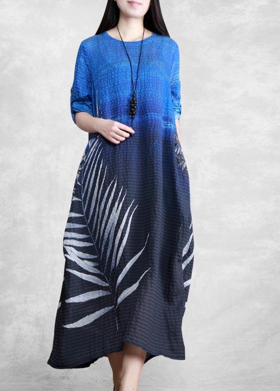 O Neck Asymmetric Spring Tunics Blue Black Print Dresses