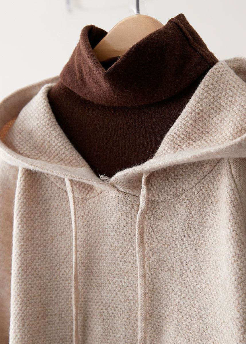 Beige Hooded Drawstring Knit Sweatshirts Top Spring
