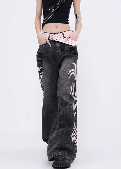 Boutique Black Graffiti Pockets Denim Wide Leg Pants Fall