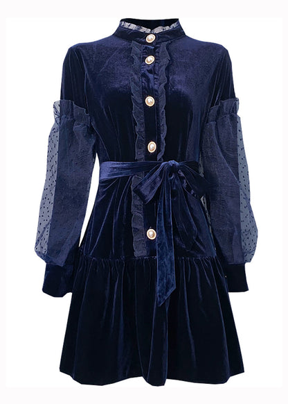 Navy Ruffled Tie Waist Patchwork Velour Dresses Puff Sleeve