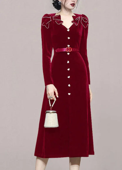 Red V Neck Bow Tie Waist Patchwork Velour Long Dress Fall