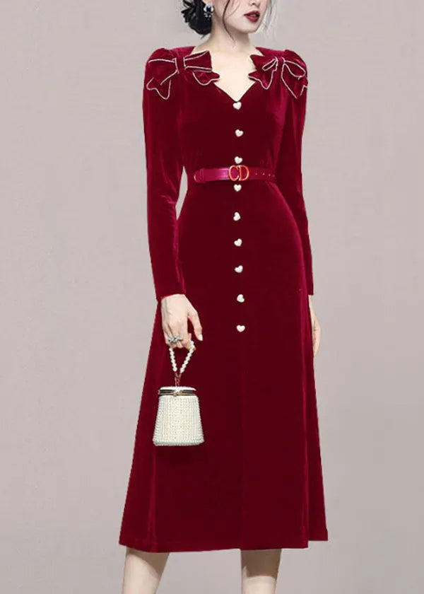 Red V Neck Bow Tie Waist Patchwork Velour Long Dress Fall