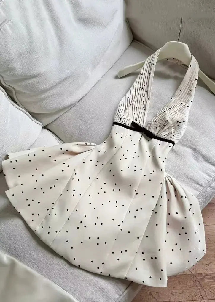 Beige V Neck Backless Dot Cotton Mini Dress Sleeveless