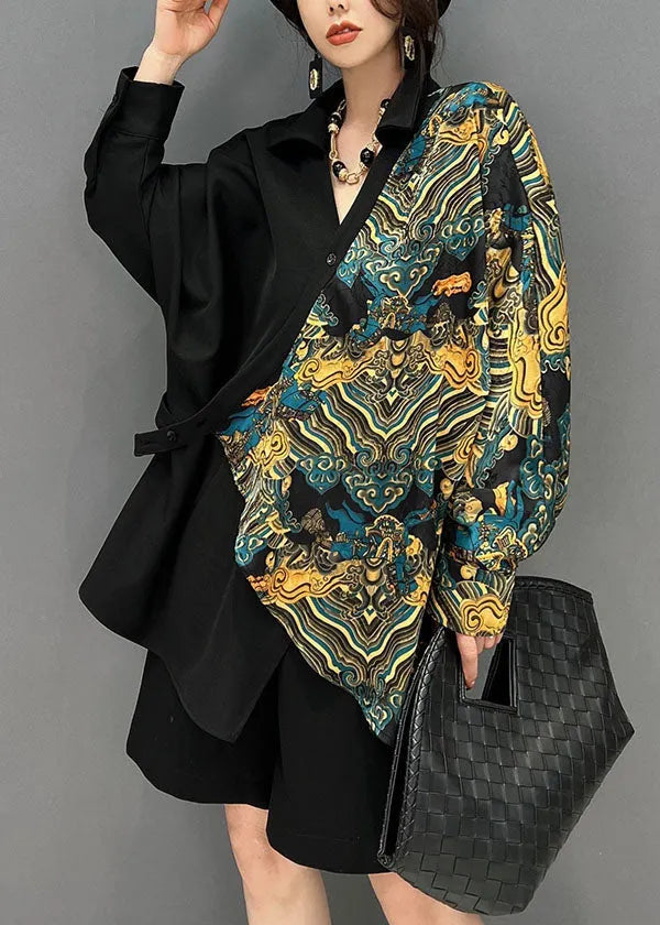 Diy Black Asymmetrical Patchwork Print Cotton Shirt Tops Batwing Sleeve