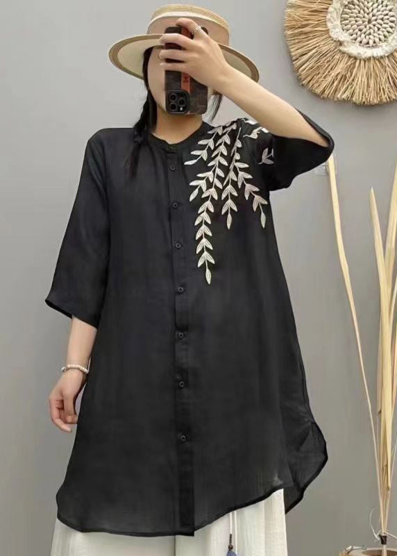 Retro Pink Stand Collar Embroidered Linen Shirts Bracelet Sleeve