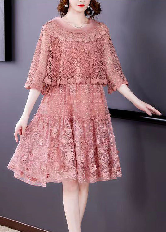 Pink O-neck Ruffled Patchwork Lace Dress Half Sleeve