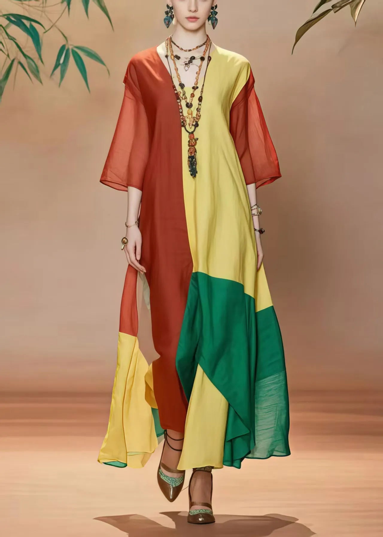 Diy Asymmetrical Patchwork Applique Cotton a Line Dress Bracelet Sleeve