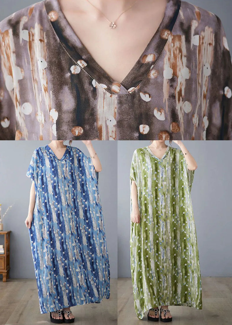 Green V Neck Print Linen Long Dress Summer