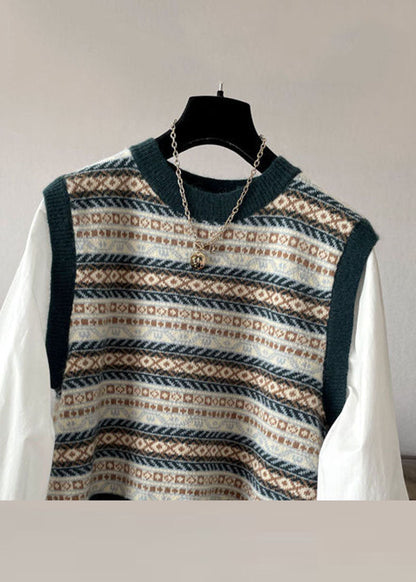 Handmade Blackish Green O-neck Print Patchwork Knit Tops Fall