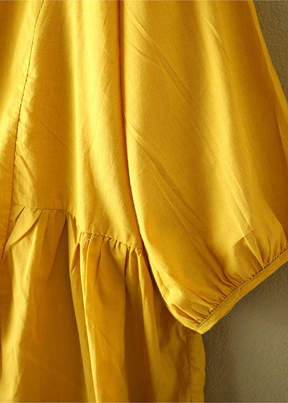 Yellow O-neck Patchwork Wrinkled Cotton Shirt Bracelet Sleeve