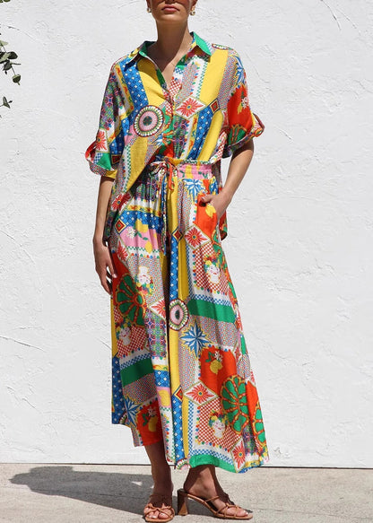 Print Shirts and Maxi Skirts Two Piece Set Short Sleeve