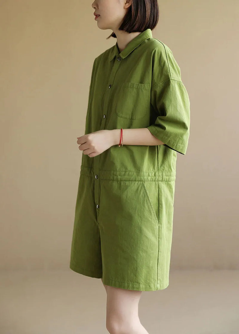 French Green Button Peter Pan Collar Pocket Cotton Jumpsuit Half Sleeve