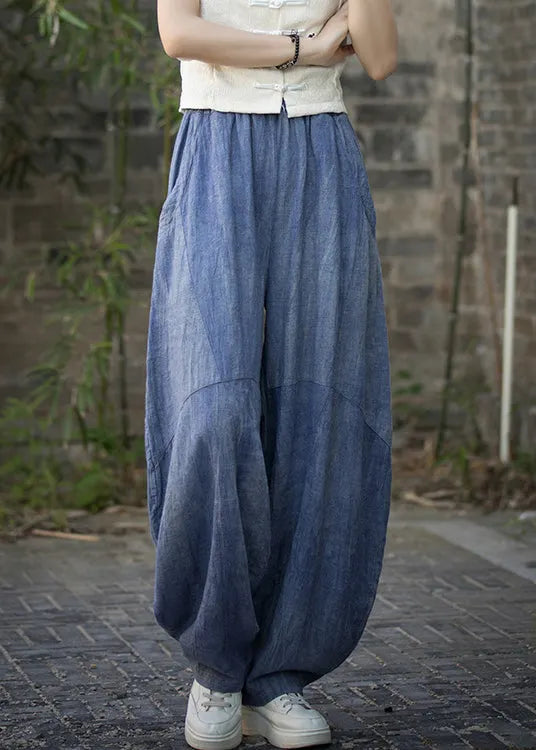 Blue Pockets High Waist Linen Summer Pants