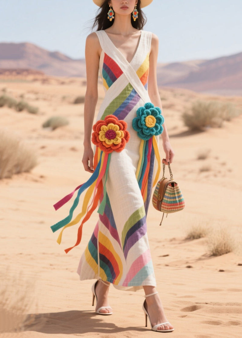 White Striped Flower Decorated Cotton Tea Dress Summer
