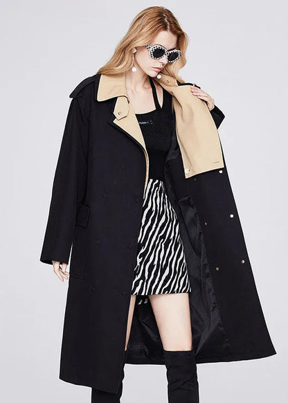 Fitted Khaki Double-layer Collar Patchwork Cotton Fake Two Piece Single Breasted Trench Spring