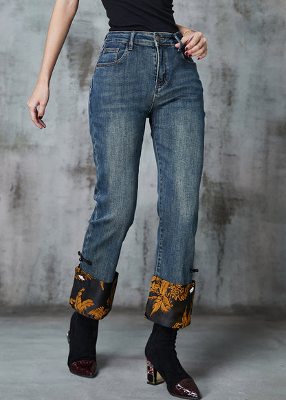 Navy Patchwork Jacquard Denim Straight Pants Spring