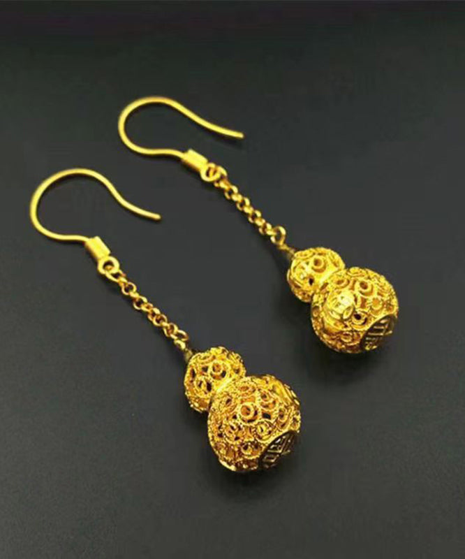 Yellow Copper Overgild Hollow Out Gourd Drop Earrings