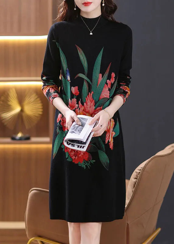 Black Side Open Cozy Wool Knit Dress Turtleneck Spring