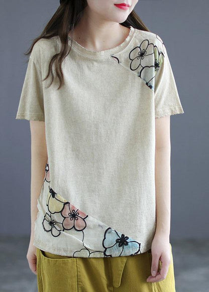 Blue O-neck Patchwork Print Summer Cotton Tees Short Sleeve