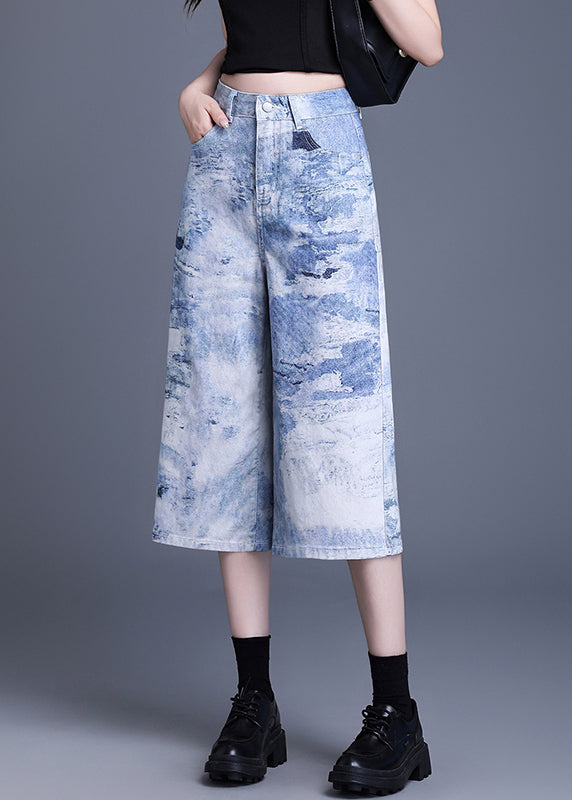 Blue Pockets Tie Dye Denim Crop Pants Summer