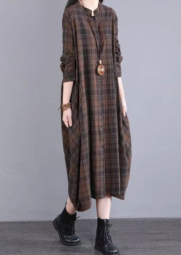 Coffee Plaid Patchwork Cotton Shirts Dress Fall
