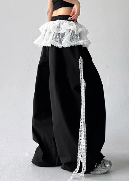 Black Elastic Waist Cotton Fall Pants Lace Asymmetrical Fall